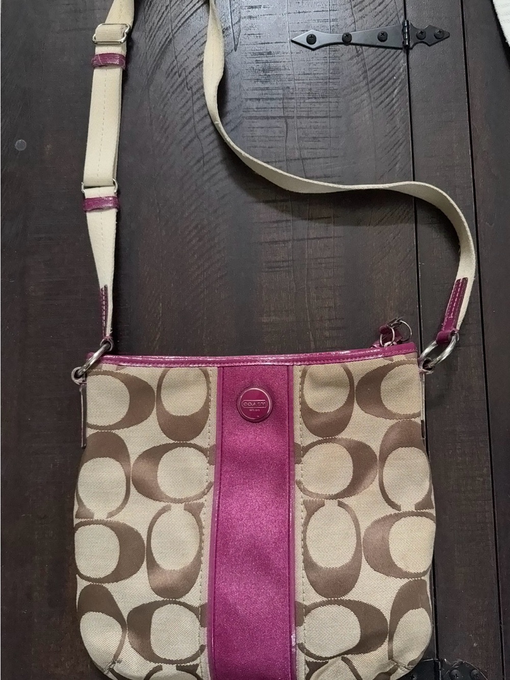 Coach Khaki Signature Crossbody with fuchia Center Stripe